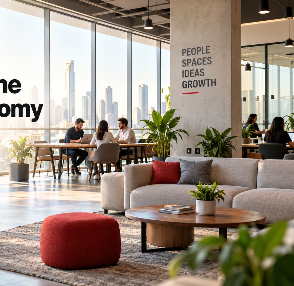Modern co-working workspace with collaborative meeting areas and lounge seating